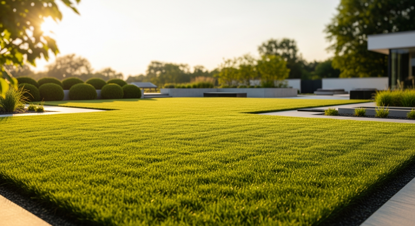 Manicured lawn with stripe pattern in evening light